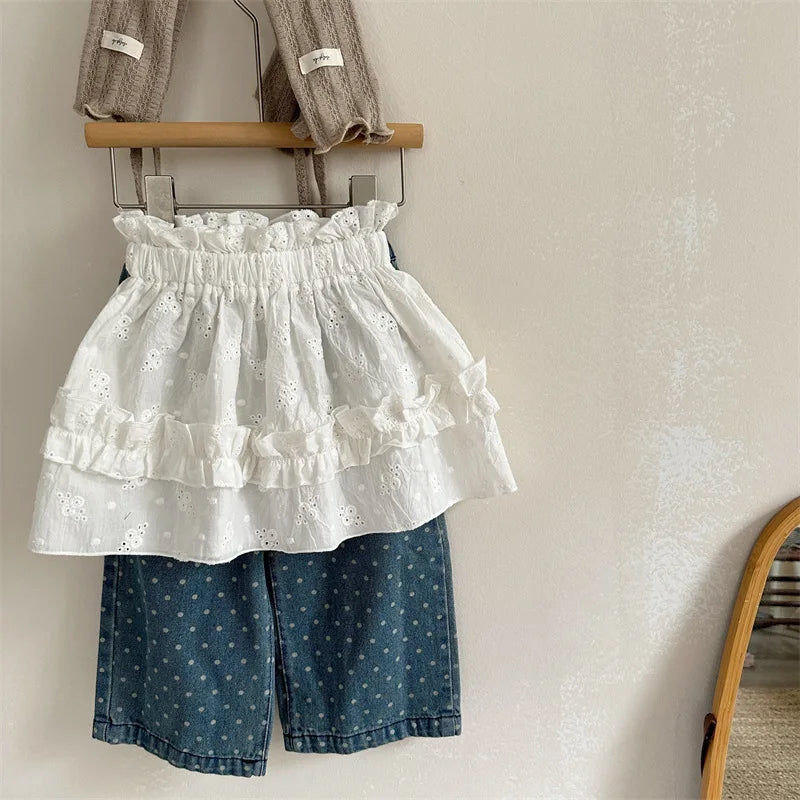 -キッズパンツ 水玉ドットワイドルーズデニムパンツ ジーンズジーパン - mamahalo shop - デニムパンツ -  べビー服 - 子供服 - 男の子 - 女の子