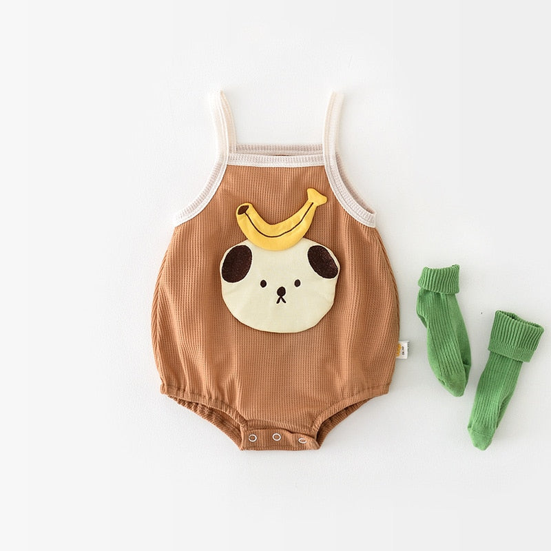 -ベビー ワッフル くま ベア バナナ キャミソール ロンパース ベージュ コーヒーブラウン ユニセックス【mh0002043】 - mamahalo shop - ノースリーブロンパース -  べビー服 - 子供服 - 男の子 - 女の子