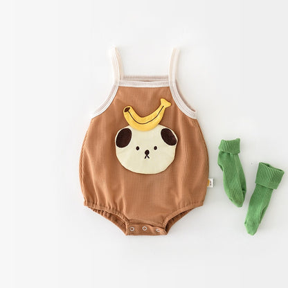 -ベビー ワッフル くま ベア バナナ キャミソール ロンパース ベージュ コーヒーブラウン ユニセックス【mh0002043】 - mamahalo shop - ノースリーブロンパース -  べビー服 - 子供服 - 男の子 - 女の子