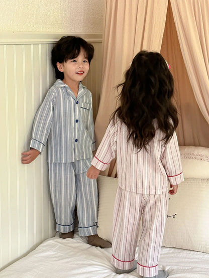 -キッズパジャマセット 長袖シャツ+ロングパンツ レトロストライプ 2カラー【mh0006433】 - mamahalo shop - 長袖パジャマ -  べビー服 - 子供服 - 男の子 - 女の子