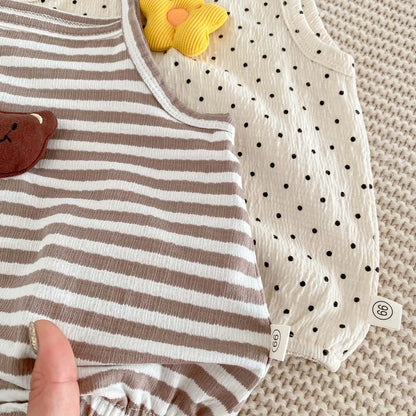 -☺︎ ベビーロンパース キャミソールボディスーツ ボーダー柄/水玉ドットプリント 2カラー - mamahalo shop - ノースリーブロンパース -  べビー服 - 子供服 - 男の子 - 女の子