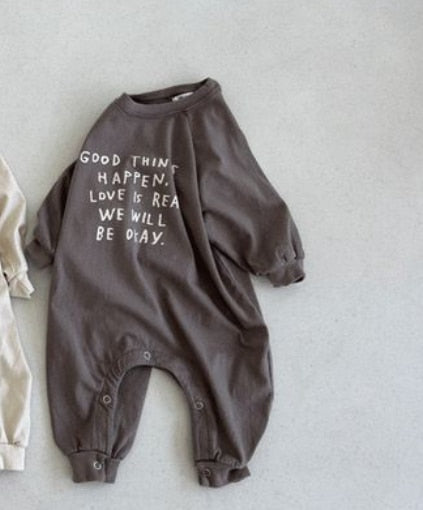 -ベビー 長袖ジャンプスーツ ロンパース レターロゴプリント コーヒー アプリコット 2カラー ボーイズ 男の子 子供服 7826 - mamahalo shop - 長袖ロンパース -  べビー服 - 子供服 - 男の子 - 女の子