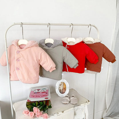 -ベビーアウター とんがり帽子フーディジャケット 裏ボアフリース ぽんぽん付きフードコート 4カラー - mamahalo shop - ショートコート・ジャケット・ジャンパー -  べビー服 - 子供服 - 男の子 - 女の子