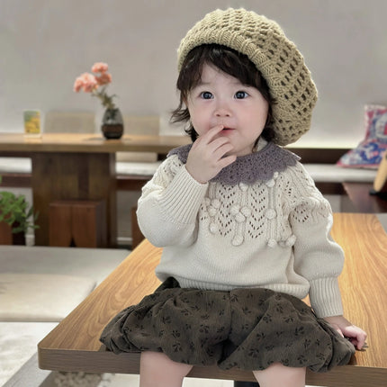 ベビーキッズトップス レースニットぽんぽんセータートップス 2カラー - mamahalo shop - ニット・セーター -  べビー服 - 子供服 - 男の子 - 女の子