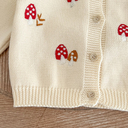 ベビー カーディガン 長袖ニット きのこ キノコ 刺繍 レース襟 ベージュ ガールズ 女の子 子供服 - mamahalo shop - カーディガン・パーカー - ベビー服 - 子供服 - 男の子 - 女の子