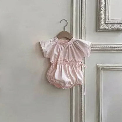 -ベビー ウエストマーク 半袖 ロンパース ピンク ベージュ ガールズ【mh0002089】 - mamahalo shop - 半袖ロンパース -  べビー服 - 子供服 - 男の子 - 女の子