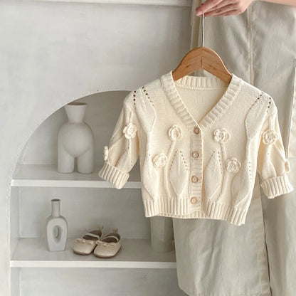-ベビーカーディガン ニットジャケット フラワー刺繍 アプリコットホワイト - mamahalo shop - カーディガン・パーカー -  べビー服 - 子供服 - 男の子 - 女の子