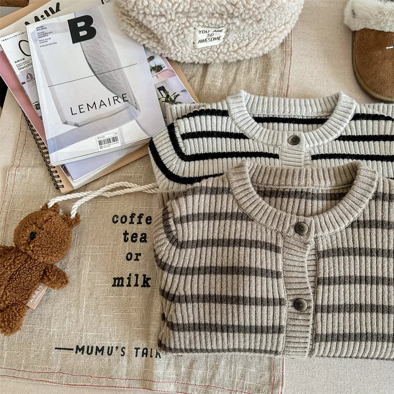 -キッズカーディガン ボーダーニットジャケット 2カラー ユニセックス 男の子 女の子 子供服【mh0003308】 - mamahalo shop - カーディガン・パーカー -  べビー服 - 子供服 - 男の子 - 女の子