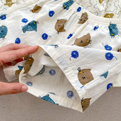 -ベビーキッズセットアップ 2点セット 半袖シャツ+ショートパンツ 星スター猫キャットプリント柄【mh0005354】 - mamahalo shop - 半袖セットアップ -  べビー服 - 子供服 - 男の子 - 女の子