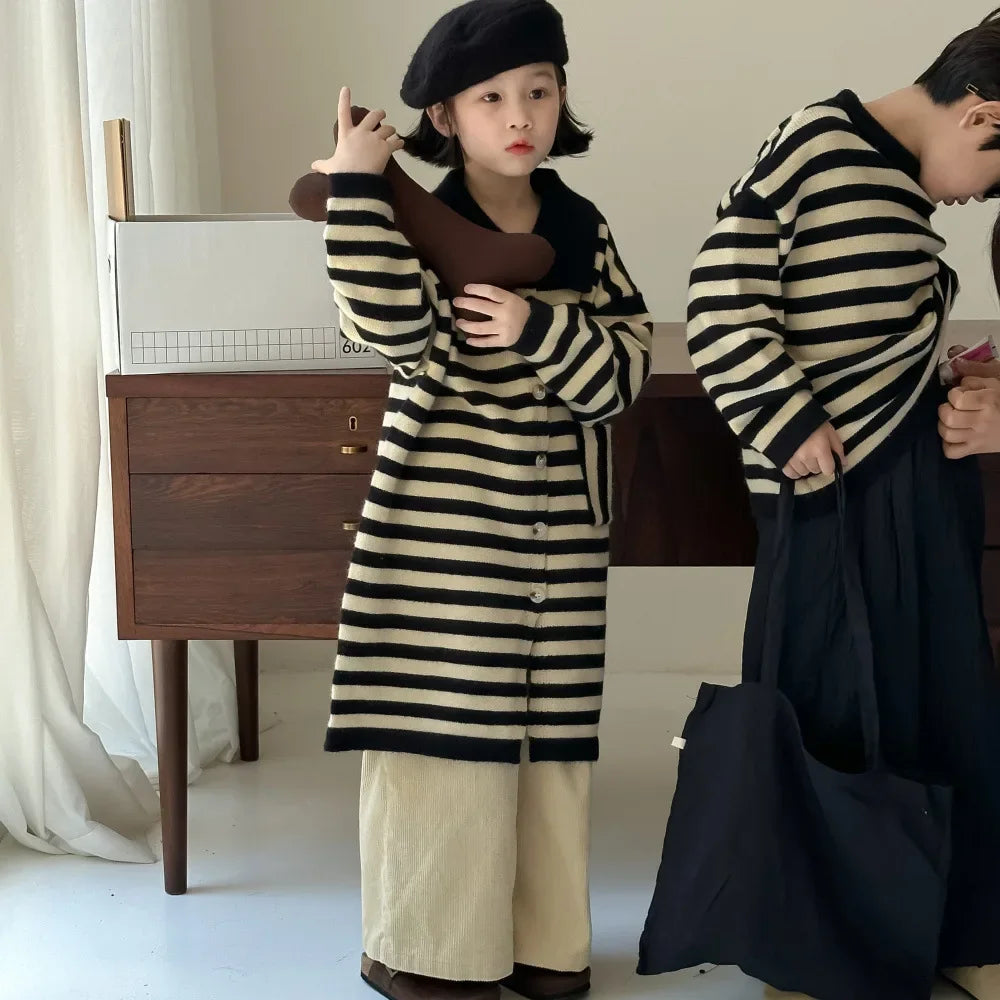 -キッズトップス/ワンピース ボーダー長袖セーター/ポロ襟ボーダーフロントオープンワンピース リンクコーデ 兄弟姉妹 お揃いコーデ【mh0007138】 - mamahalo shop - 長袖ワンピース -  べビー服 - 子供服 - 男の子 - 女の子