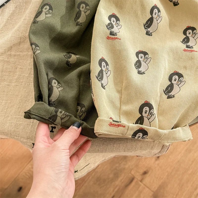 -キッズパンツ ルーズコットンロングパンツ ペンギンプリント柄 アーミーグリーン/カーキイエロー/2カラー - mamahalo shop - ロングパンツ・スウェットパンツ -  べビー服 - 子供服 - 男の子 - 女の子