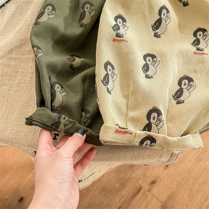 -キッズパンツ ルーズコットンロングパンツ ペンギンプリント柄 アーミーグリーン/カーキイエロー/2カラー - mamahalo shop - ロングパンツ・スウェットパンツ -  べビー服 - 子供服 - 男の子 - 女の子