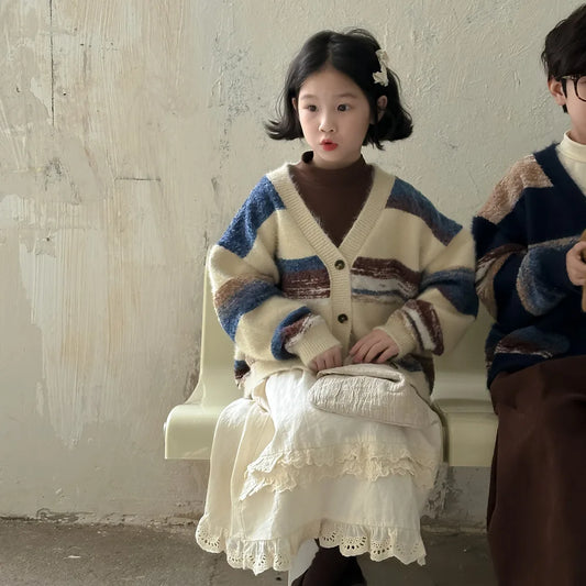 -キッズカーディガン カラフルボーダーVネックニットジャケット 2カラー - mamahalo shop - カーディガン・パーカー -  べビー服 - 子供服 - 男の子 - 女の子