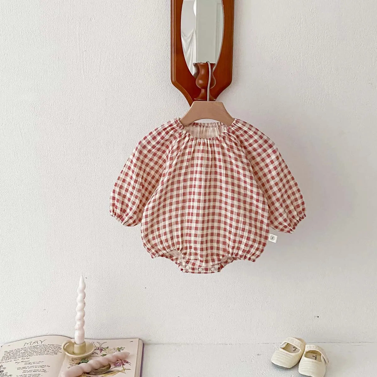 -☺︎  ベビーロンパース 長袖ルーズボディスーツ ハート チェックプリント柄 - mamahalo shop - 長袖ロンパース -  べビー服 - 子供服 - 男の子 - 女の子