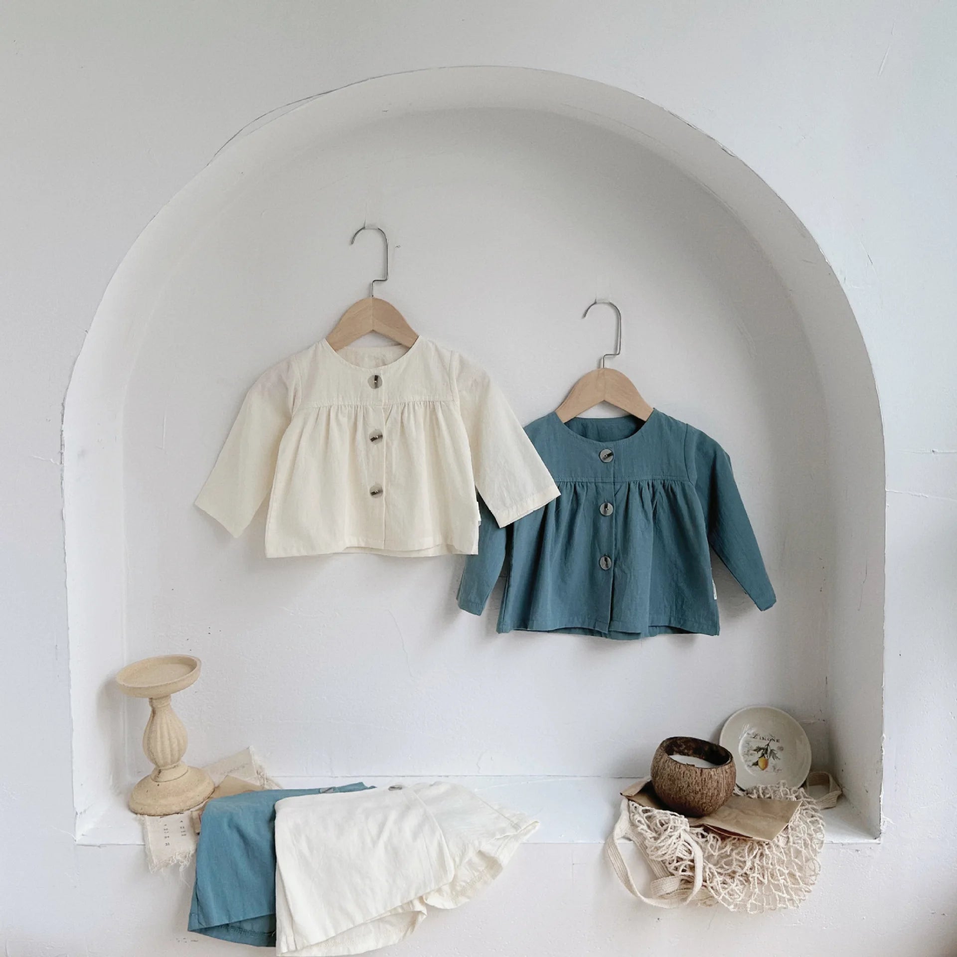 -ベビーセットアップ 2点セット 長袖チュニックブラウス+ラップショートパンツ 2カラー - mamahalo shop - 長袖セットアップ -  べビー服 - 子供服 - 男の子 - 女の子