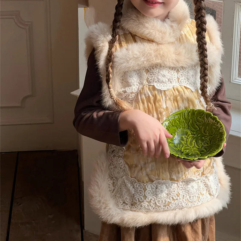 -キッズベスト ファーフリースパッチワーク レース チャイナドレス - mamahalo shop - ベスト -  べビー服 - 子供服 - 男の子 - 女の子