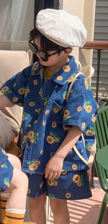 -☺︎ キッズセットアップ 2点セット デニム ひまわりプリント 半袖シャツ+ショートパンツ - mamahalo shop - 半袖セットアップ -  べビー服 - 子供服 - 男の子 - 女の子