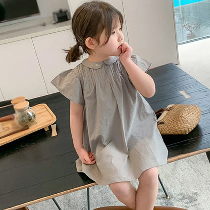 -キッズワンピース 半袖フライングスリーブ 丸襟 フラワー花柄刺繍 2カラー【mh0006047】 - mamahalo shop - 半袖ワンピース -  べビー服 - 子供服 - 男の子 - 女の子