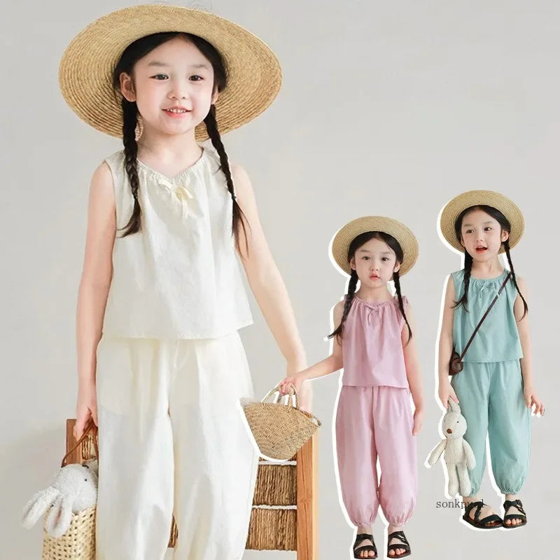 -キッズセットアップ 2点セット ノースリーブブラウス+ルーズクロップドパンツ 3カラー【mh0006117】 - mamahalo shop - ノースリーブセットアップ -  べビー服 - 子供服 - 男の子 - 女の子