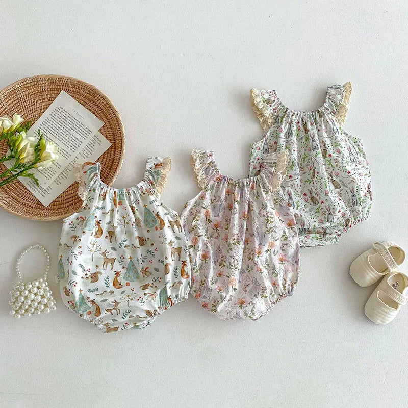-ベビーロンパース キャミソールフリルボディスーツ フラワーアニマルプリント【mh0005860】 - mamahalo shop - ノースリーブロンパース -  べビー服 - 子供服 - 男の子 - 女の子