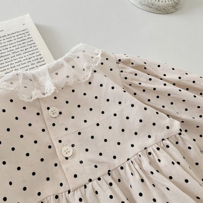 -ベビーロンパース 長袖パフスリーブボディスーツ レース 水玉ドットプリント【mh0004666】 - mamahalo shop - 長袖ロンパース -  べビー服 - 子供服 - 男の子 - 女の子