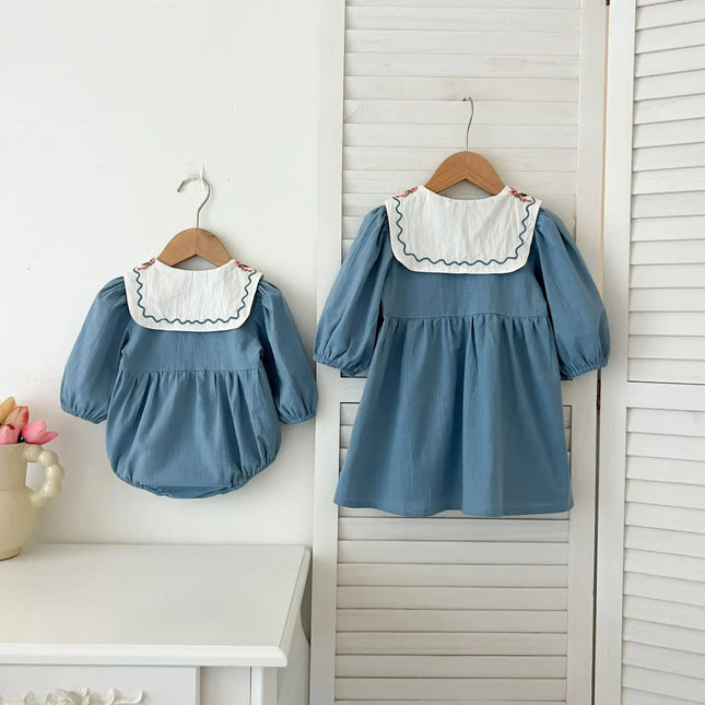 4214 Buy 2pc Wholesale Sister Clothes 2024 Autumn Embroidered Girl's Dresses Or Princess Toddler Girl's One Piece Clothes - mamahalo shop - 長袖ロンパース -  べビー服 - 子供服 - 男の子 - 女の子