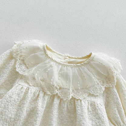 -ベビーロンパース 長袖ボディスーツ レースフリル襟 バブルスリーブ ベージュ - mamahalo shop - 長袖ロンパース -  べビー服 - 子供服 - 男の子 - 女の子