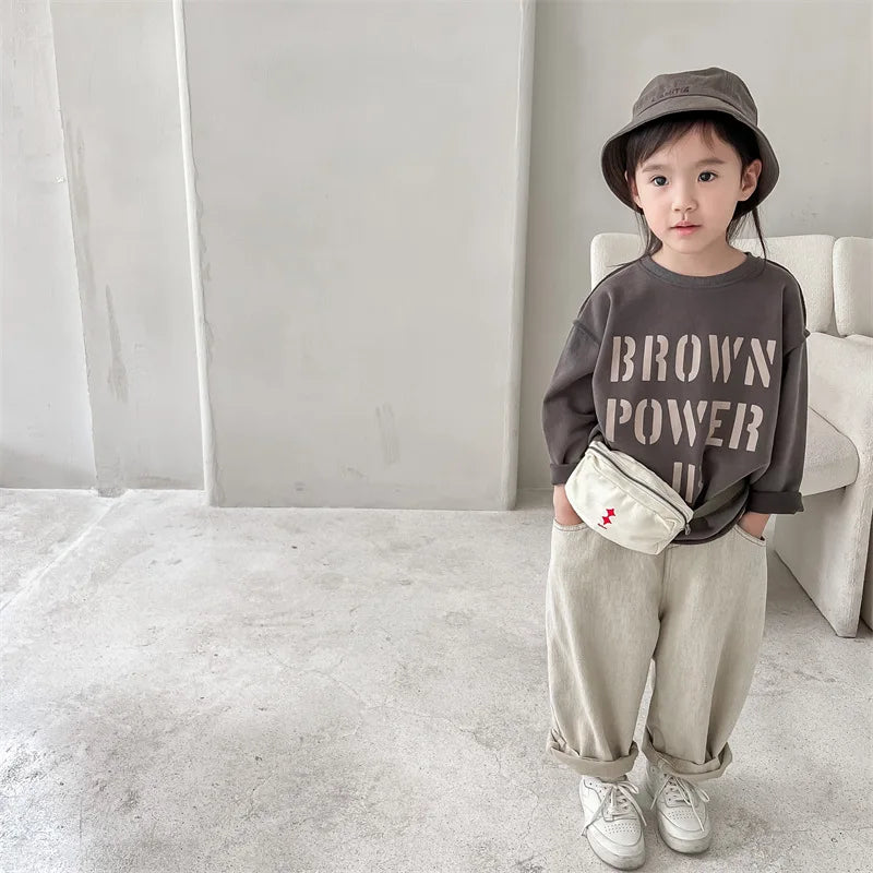 -キッズトップス 長袖スウェットTシャツ ルーズシルエット レターロゴプリント 2カラー - mamahalo shop - 長袖Tシャツ -  べビー服 - 子供服 - 男の子 - 女の子