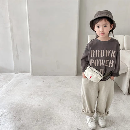 -キッズトップス 長袖スウェットTシャツ ルーズシルエット レターロゴプリント 2カラー - mamahalo shop - 長袖Tシャツ -  べビー服 - 子供服 - 男の子 - 女の子