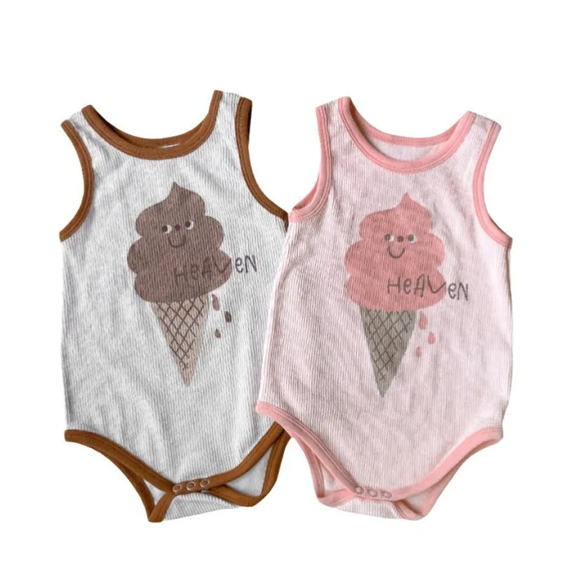 -ベビーロンパース タンク ノースリーブボディスーツ アイスクリームプリント 2カラー - mamahalo shop - ノースリーブロンパース -  べビー服 - 子供服 - 男の子 - 女の子