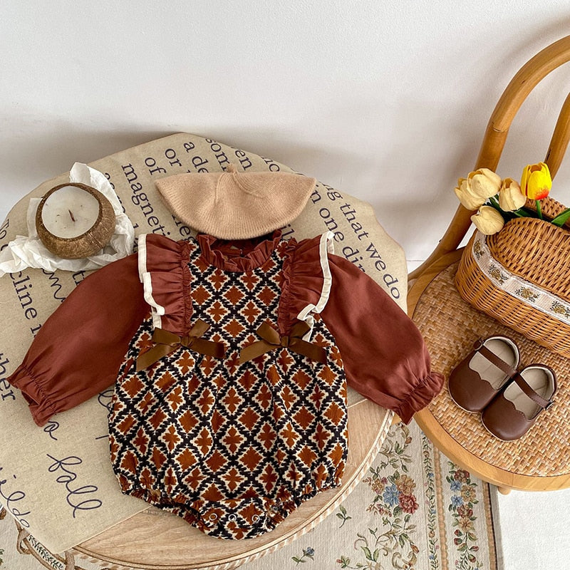 -ベビー リボン フリル スタンドカラー 長袖 ドッキング ロンパース ドレス お出かけ ガールズ【mh0002667】 - mamahalo shop - 長袖ロンパース -  べビー服 - 子供服 - 男の子 - 女の子