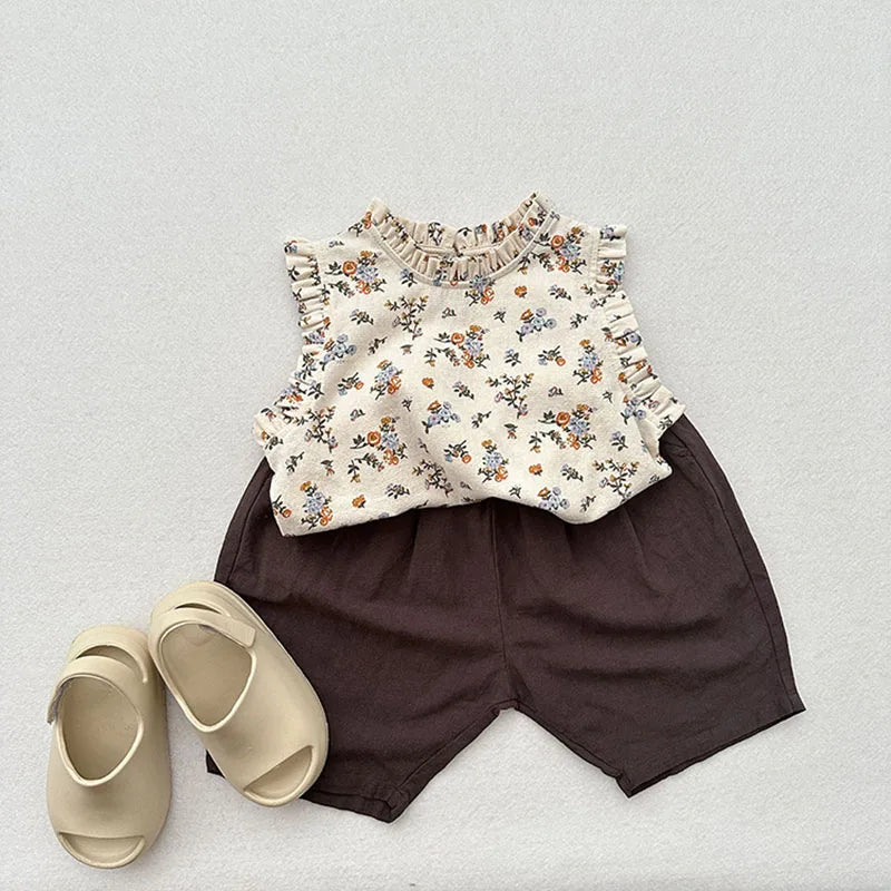 -キッズトップス スタンドフリル ノースリーブブラウス 無地/フラワー小花柄プリント - mamahalo shop - タンクトップ・キャミソール・ノースリーブトップス -  べビー服 - 子供服 - 男の子 - 女の子