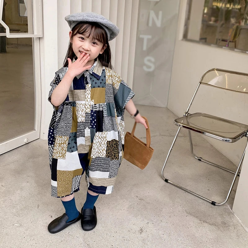 -キッズジャンプスーツ シャツつなぎ チェック パッチワーク ルーズスタイル - mamahalo shop - 半袖ジャンプスーツ -  べビー服 - 子供服 - 男の子 - 女の子
