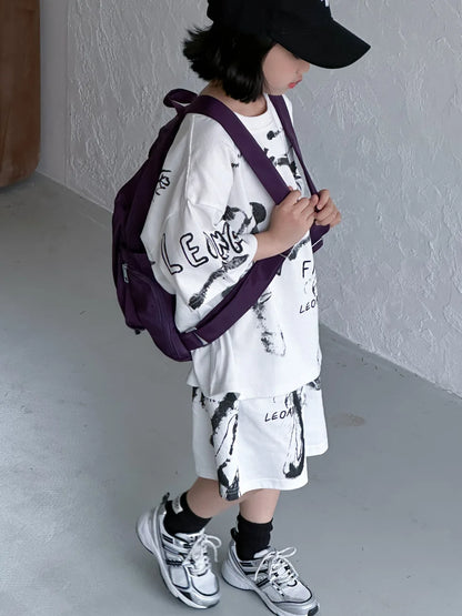 -キッズセットアップ 2点セット 半袖Tシャツ+ハーフパンツ グラフィックプリント 2カラー - mamahalo shop - 半袖セットアップ -  べビー服 - 子供服 - 男の子 - 女の子