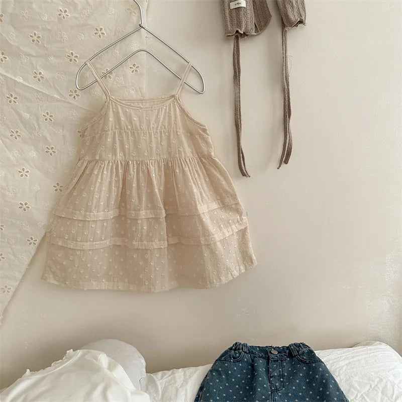 -キッズワンピース 刺繍レース重ね着キャミソールスリップドレス ベージュ - mamahalo shop - ノースリーブワンピース -  べビー服 - 子供服 - 男の子 - 女の子
