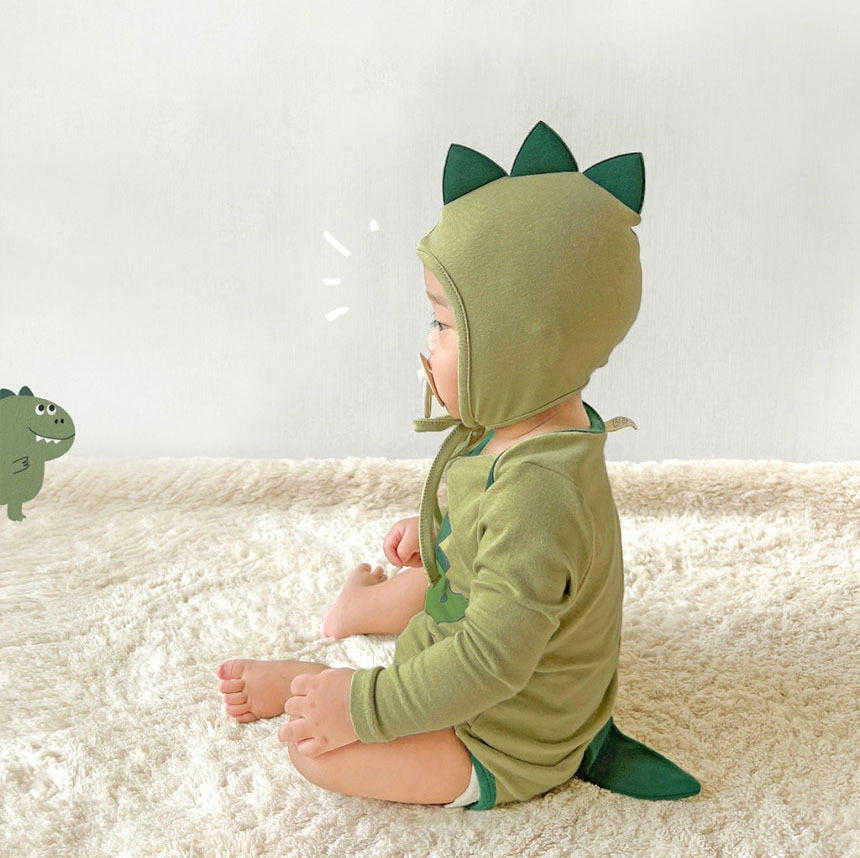 -ベビー 恐竜 ダイナソー 長袖 ロンパース 帽子 セット グリーン ベージュ コスチューム ボーイズ【mh0002457】 - mamahalo shop - 長袖ロンパース -  べビー服 - 子供服 - 男の子 - 女の子
