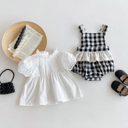 -ベビーセットアップ 2点セット 半袖パフスリーブブラウス+チェックフリルサスペンダーロンパース【mh0005219】 - mamahalo shop - ロンパースセットアップ -  べビー服 - 子供服 - 男の子 - 女の子