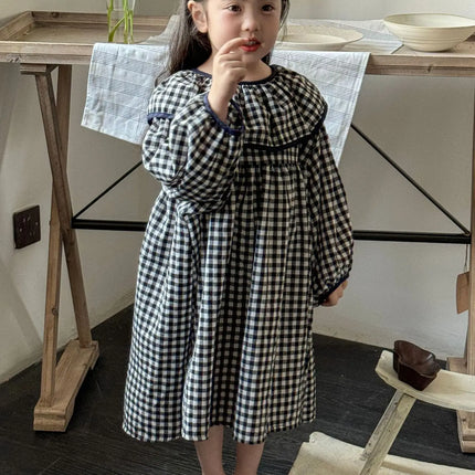 キッズワンピース チェックラッフル襟長袖ワンピース - mamahalo shop - 長袖ワンピース -  べビー服 - 子供服 - 男の子 - 女の子