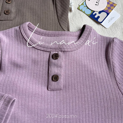 -キッズパジャマセット リブ 長袖ヘンリーネックTシャツ+ロングパンツ シンプルベーシック 5カラー【mh0006360】 - mamahalo shop - 長袖パジャマ -  べビー服 - 子供服 - 男の子 - 女の子
