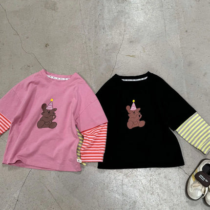 キッズトップス ボーダー袖ドッキングベアくまプリント長袖Tシャツ 2カラー - mamahalo shop - 長袖Tシャツ -  べビー服 - 子供服 - 男の子 - 女の子