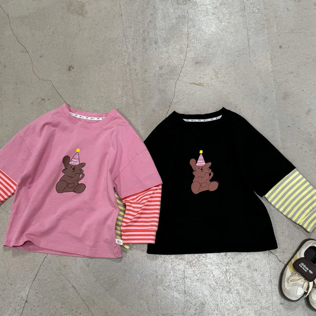 キッズトップス ボーダー袖ドッキングベアくまプリント長袖Tシャツ 2カラー - mamahalo shop - 長袖Tシャツ -  べビー服 - 子供服 - 男の子 - 女の子