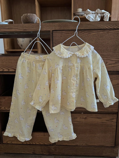 -キッズパジャマセット アップルりんご/うさぎバニープリント長袖ブラウス+ロングパンツ 3カラー - mamahalo shop - 長袖パジャマ -  べビー服 - 子供服 - 男の子 - 女の子