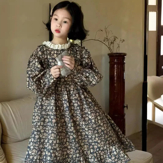 -キッズワンピース フラワープリントスタンドフリルカラー長袖ワンピース【mh0007139】 - mamahalo shop - 長袖ワンピース -  べビー服 - 子供服 - 男の子 - 女の子