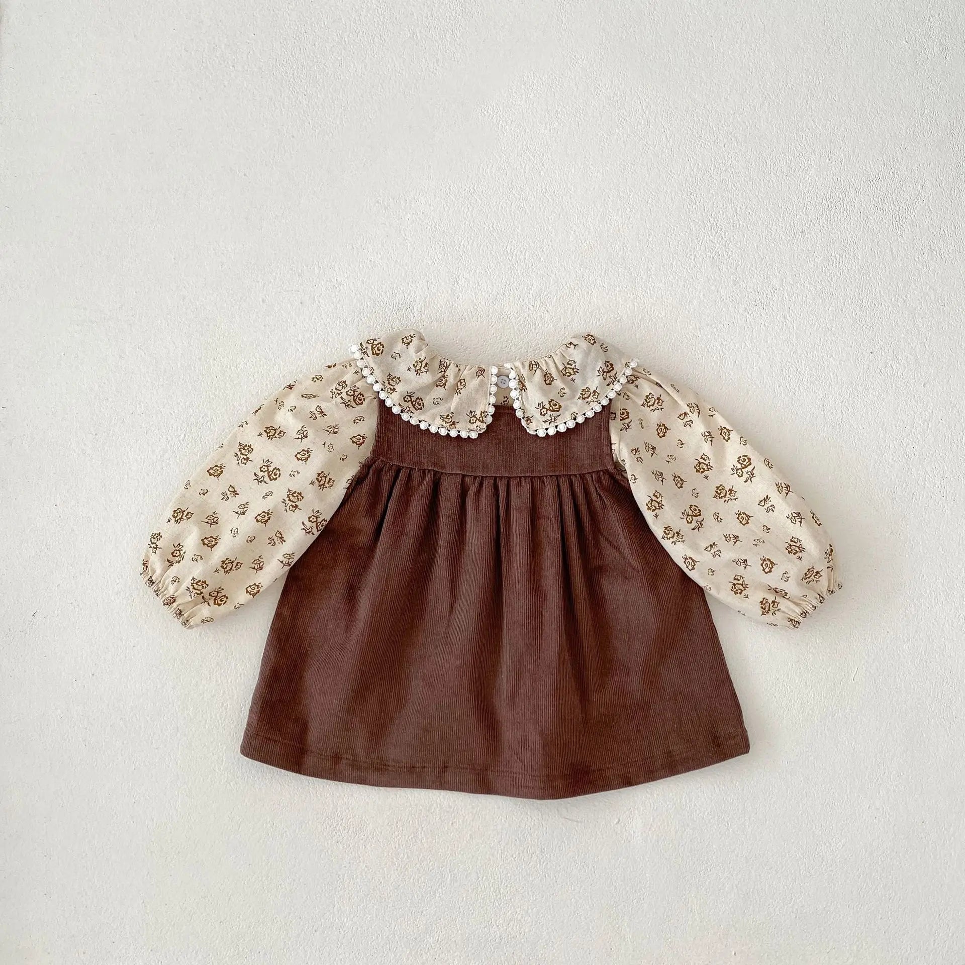 -ベビーキッズトップス/ワンピース フラワー小花柄プリントラッフル襟長袖ブラウス/ノースリーブ刺繍ポケットジャンパースカート - mamahalo shop - 長袖セットアップ -  べビー服 - 子供服 - 男の子 - 女の子