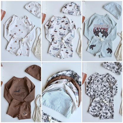 -キッズ水着 スイムウェア ボーイズ 長袖トップス+ショートパンツ ラッシュガード【mh0005927】 - mamahalo shop - ベビー用水着 -  べビー服 - 子供服 - 男の子 - 女の子