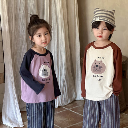 -キッズトップス 長袖ラグランパッチワーク猫キャットプリントTシャツ 2カラー - mamahalo shop - 長袖Tシャツ -  べビー服 - 子供服 - 男の子 - 女の子