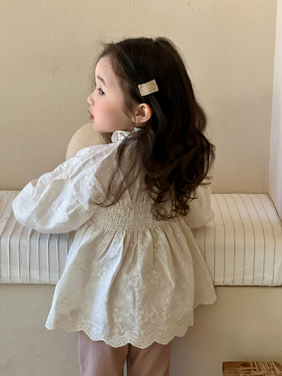 -キッズ レース 刺繍 長袖 ランタンスリーブ チュニック ブラウス トップス ガールズ - mamahalo shop - 長袖シャツ・ブラウス -  べビー服 - 子供服 - 男の子 - 女の子