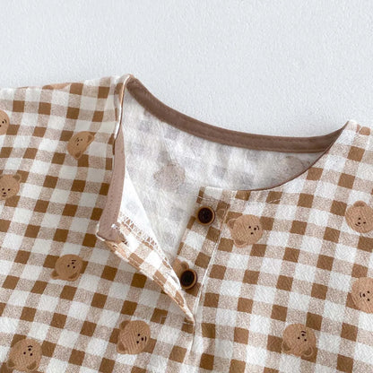 -ベビーセットアップ 2点セット/ワンピース 半袖Tシャツ+ショートパンツ/ノースリーブワンピース ベアくまチェック リンクコーデ 兄弟姉妹 お揃いコーデ【mh0006269】 - mamahalo shop - 半袖セットアップ -  べビー服 - 子供服 - 男の子 - 女の子