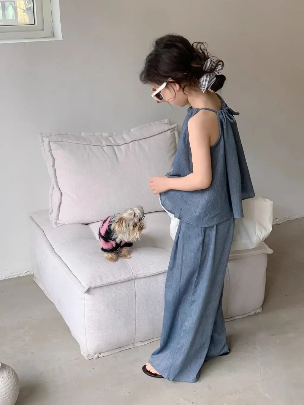 -キッズセットアップ 2点セット キャミソールチュニックブラウス+ワイドルーズタックパンツ - mamahalo shop - ノースリーブセットアップ -  べビー服 - 子供服 - 男の子 - 女の子