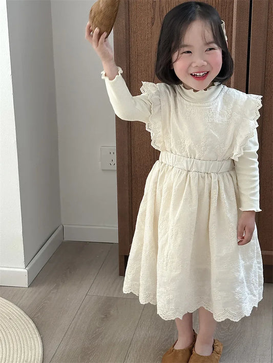 -キッズワンピース レース刺繍フリル エプロンドレス ノースリーブワンピース ベージュ - mamahalo shop - ノースリーブワンピース -  べビー服 - 子供服 - 男の子 - 女の子